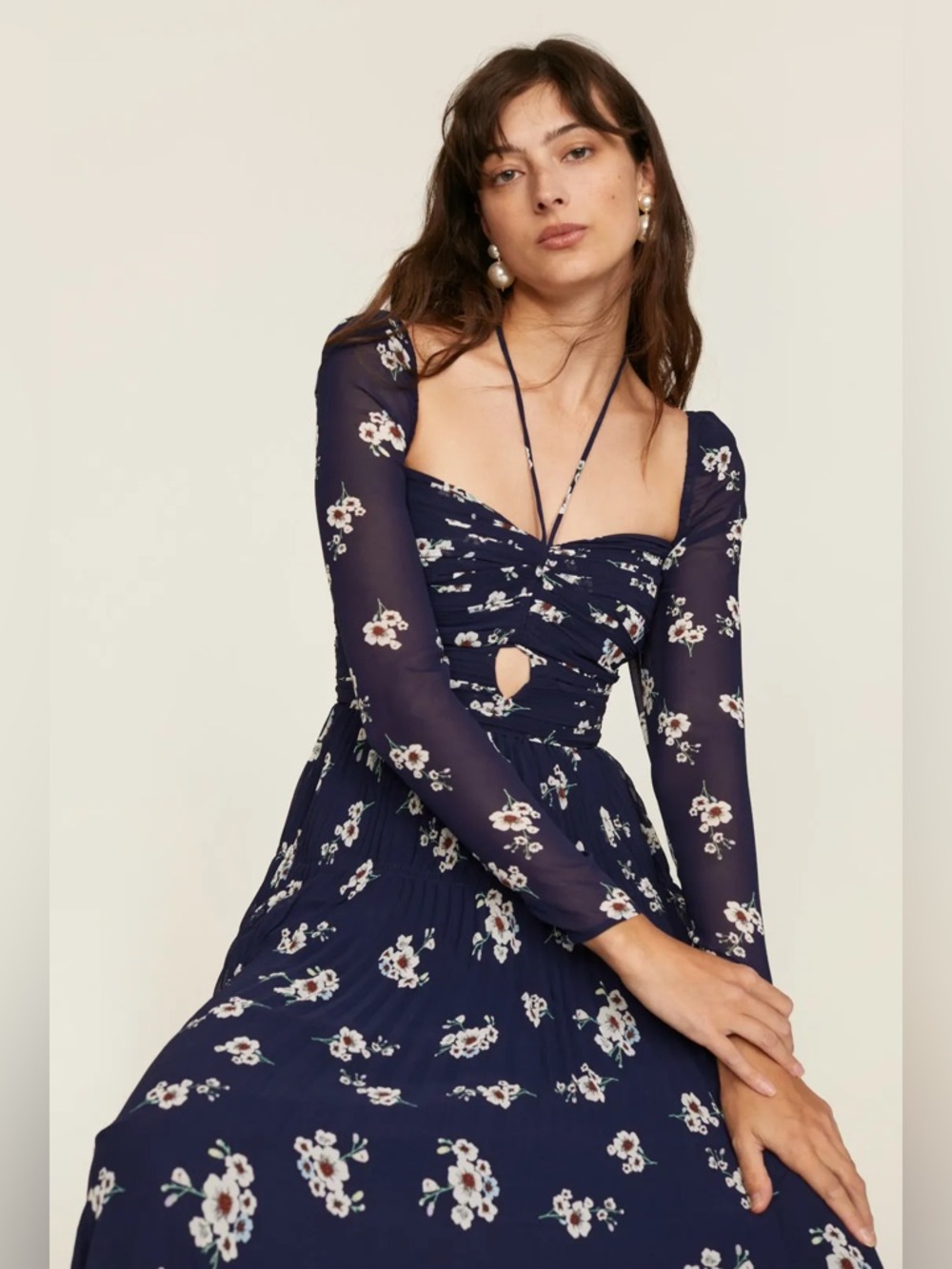 Self-Portrait Navy Floral Long-Sleeve Midi Dress